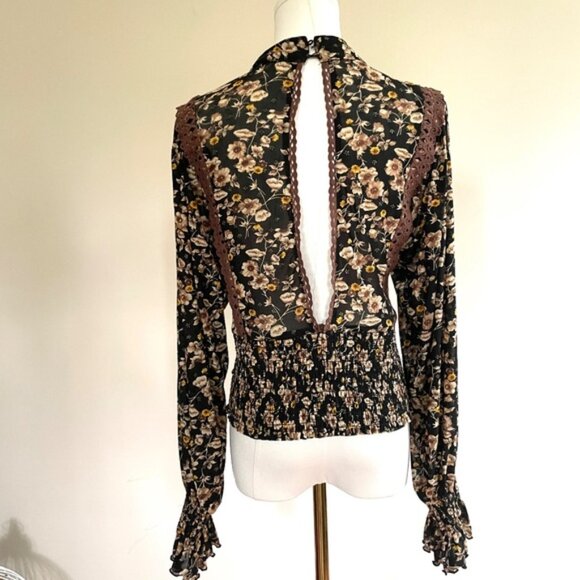 Embroidered Floral Blouse Womens M Boho Prairie Western Folk Open Back Romantic - Picture 3 of 12